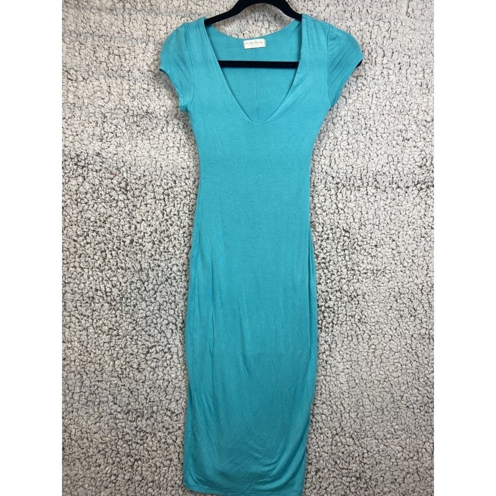 See You Monday blue maxi dress short sleeve V-Neck stretch women's size X Small